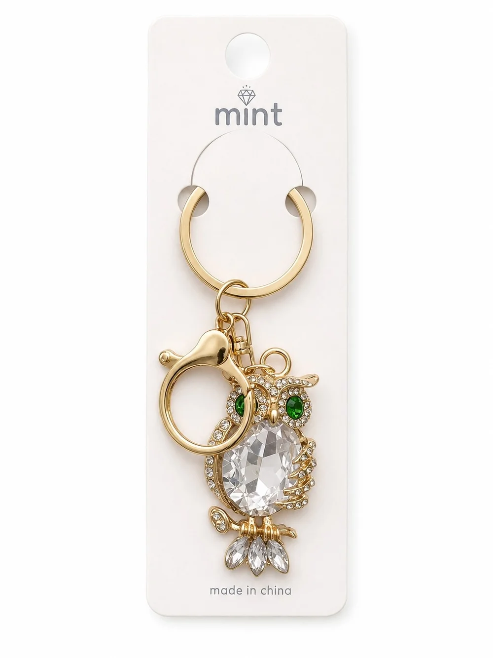 mint Gold Owl Keychain with Clear Crystal and Green Eyes